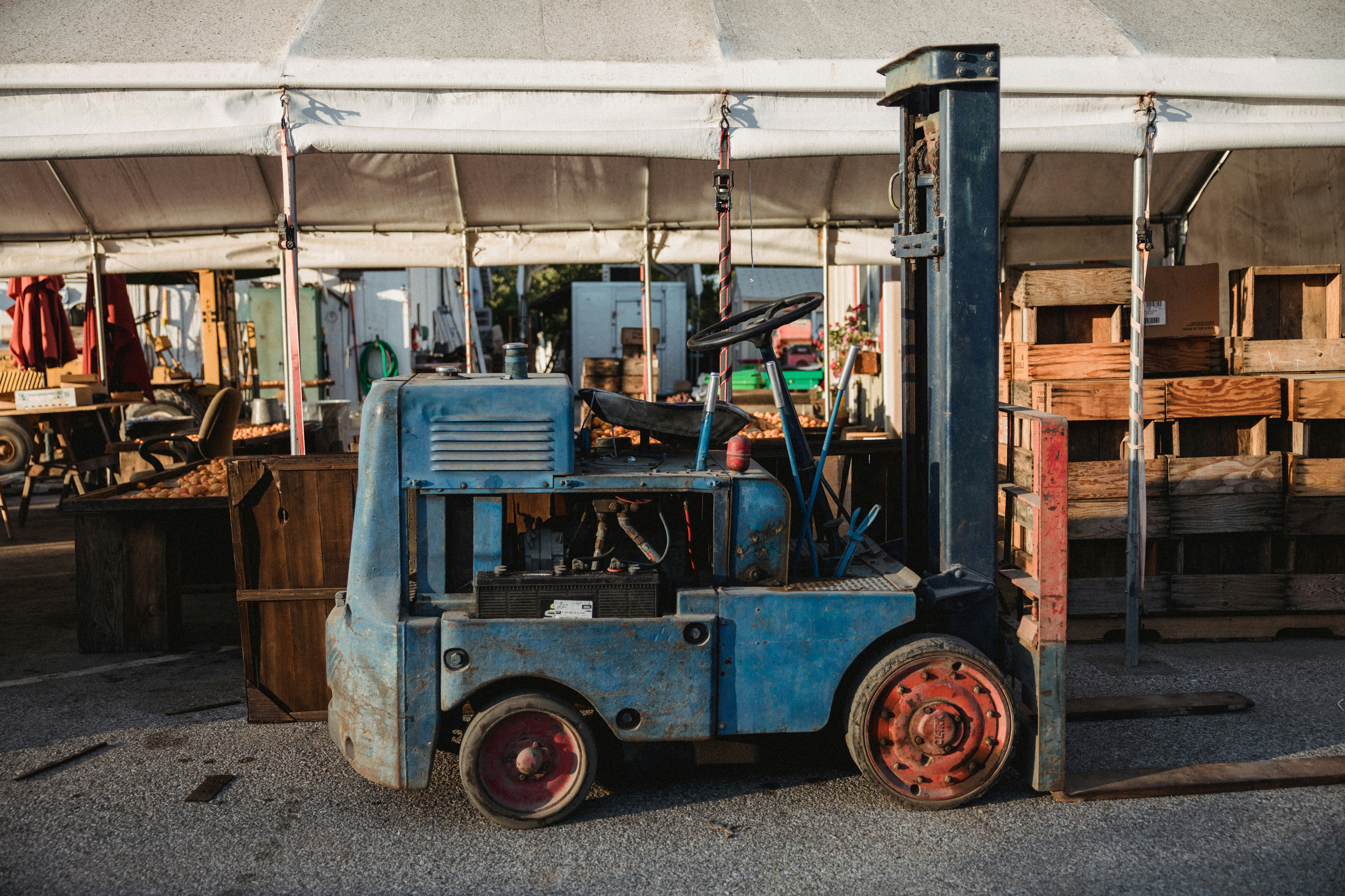 blue and brown wooden cart